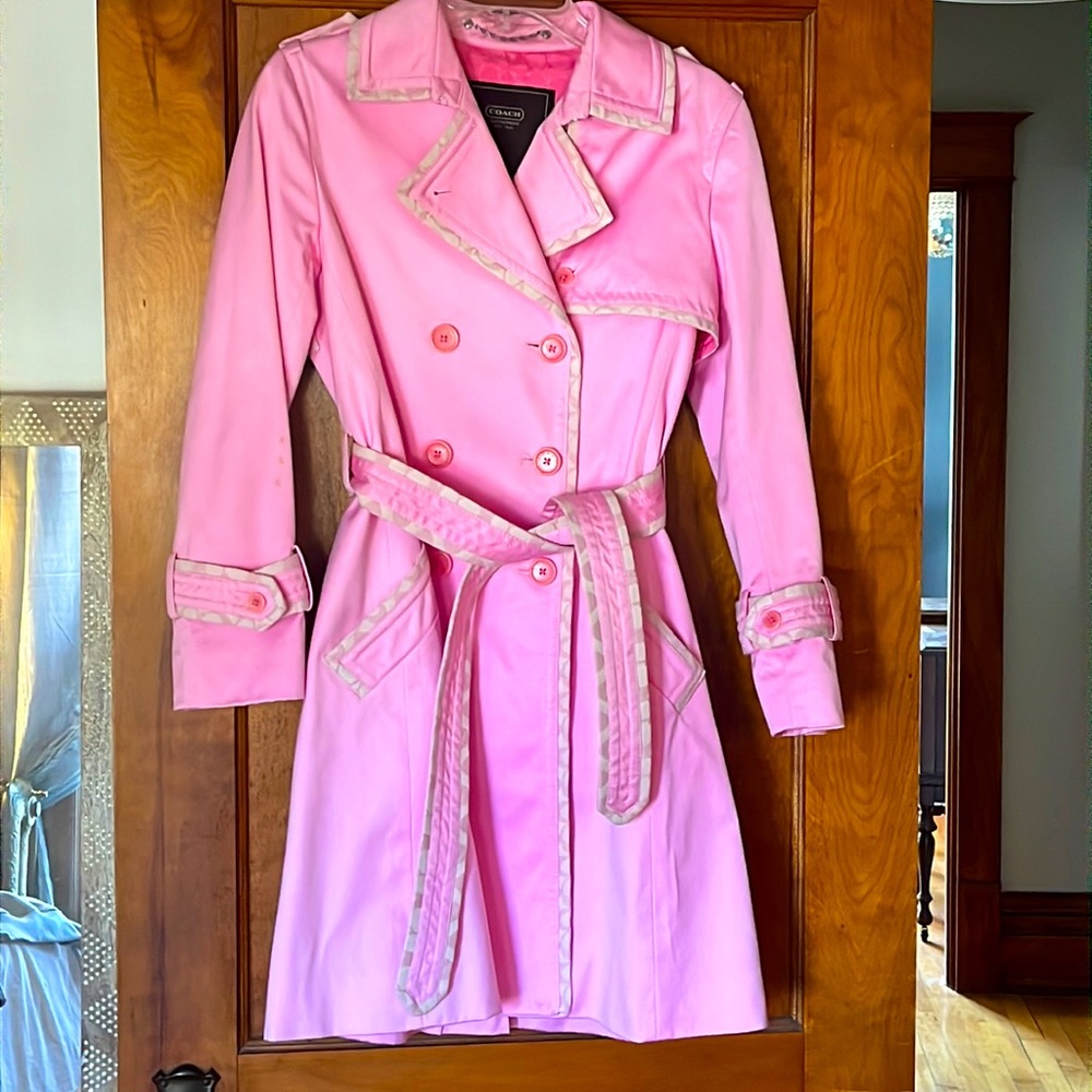Coach Pink Cotton Trench Coat with Cream and pink logo trim Size 2